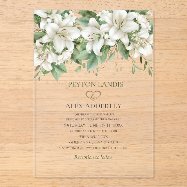 Invitations En Acrylique Feuilles d'aquarelle verte Fleurs blanches Mariage (Recto)