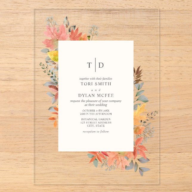 Invitations En Acrylique Feuilles de feuillage d'automne Monogramme de mari (Recto)