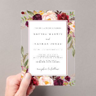 Invitations En Acrylique Feuilles florales Bourgogne vert moderne clair Mar