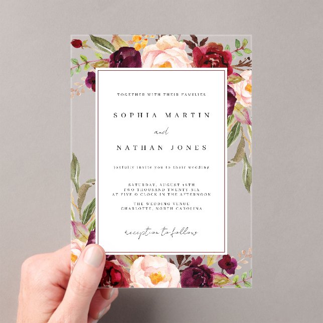 Invitations En Acrylique Feuilles florales Bourgogne vert moderne clair Mar (In situ (ordinateur de poche))