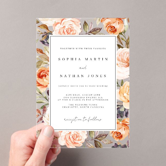 Invitations En Acrylique Feuilles Florales Brûlé Orange Moderne Clair Maria (In situ (ordinateur de poche))