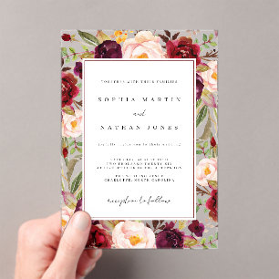 Invitations En Acrylique Feuilles florales vertes de Bourgogne Moderne Clai