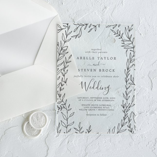 Invitations En Acrylique Feuilles minimes Vert moderne Élégant Mariage Boho (Minimal Leaf Modern Greenery Elegant Boho Wedding Acrylic Invitations)