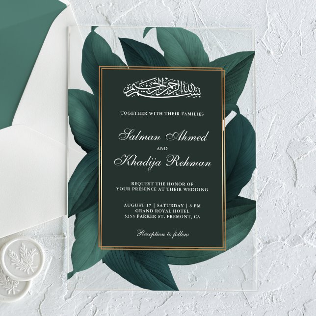 Invitations En Acrylique Feuilles sarcelles bordure dorée mariage musulman  (Créateur téléchargé)