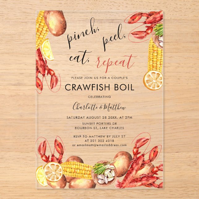 Invitations En Acrylique Fiançailles moderne Crawfish Bouille (Recto)