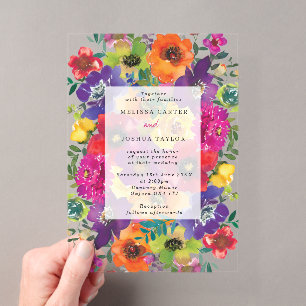 Invitations En Acrylique Fiesta Audacieuse Fleurs Colorées Mariage d'Été