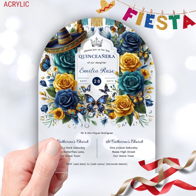 Invitations En Acrylique Fiesta Floral Papillons QUINCEANERA Clear (Créateur téléchargé)
