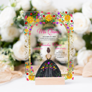 Invitations En Acrylique Fiesta Florale Princesse Mexicaine Gold Quinceaner