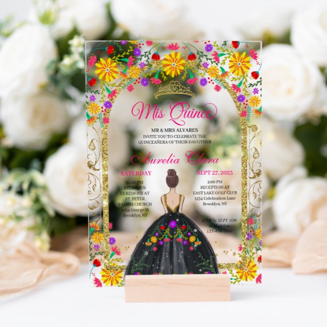 Invitations En Acrylique Fiesta Florale Princesse Mexicaine Gold Quinceaner (Créateur téléchargé)