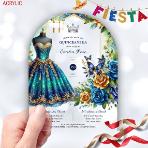 Invitations En Acrylique Fiesta Quinceanera Papillons Floraux Or Bleu