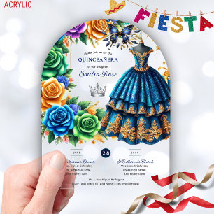 Invitations En Acrylique Fiesta Quinceanera Papillons Floraux Or Bleu
