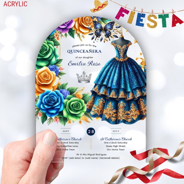 Invitations En Acrylique Fiesta Quinceanera Papillons Floraux Or Bleu (Créateur téléchargé)