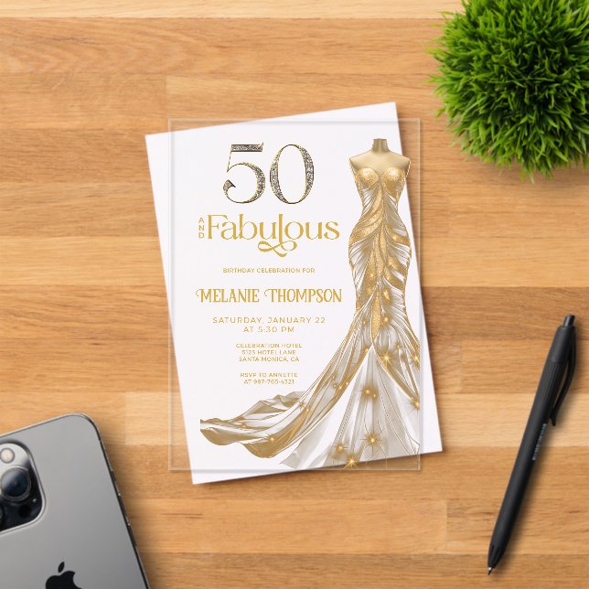 Invitations En Acrylique Fifty and Fabulous Gold Dress Photo 50th Birthday (Insitu (Carte d'invitation))