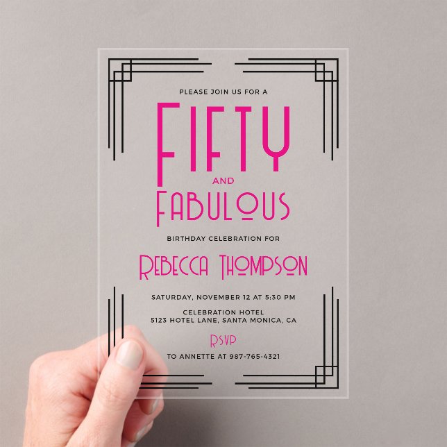 Invitations En Acrylique Fifty and Fabulous Hot Pink Art Deco 50th Birthday (In situ (ordinateur de poche))