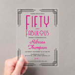 Invitations En Acrylique Fifty and Fabulous Hot Pink Art Deco 50th Birthday<br><div class="desc">Fifty and Fabulous Hot Pink Art Deco 50th Birthday Clear Acrylic Invitation that you can personalize and send out for your fiftieth birthday party celebration. This invitation features art deco corners,  and her name and "Fifty and Fabulous" are set using trending bold font typography.</div>