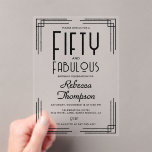Invitations En Acrylique Fifty Fabulous Black White Art Deco 50th Birthday<br><div class="desc">Fifty and Fabulous Black and White Art Deco 50th Birthday Clear Acrylic Invitation that you can personalize and send out for your fiftieth birthday party celebration. This invitation features art deco corners,  and her name and "Fifty and Fabulous" are set using trending bold font typography.</div>