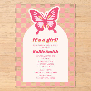 Invitations En Acrylique Fille à carreaux rose papillon Baby Shower