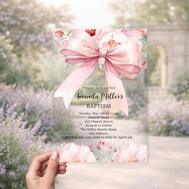 Invitations En Acrylique Fille à fleurs crème avec noeud rose clair Baptême (Créateur téléchargé)
