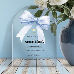 Invitations En Acrylique Fille à l'arc de ruban bleu clair luxe Confirmatio