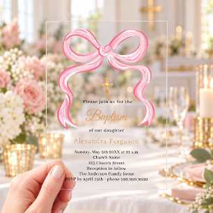 Invitations En Acrylique Fille à l'arc rose baptême de luxe clair