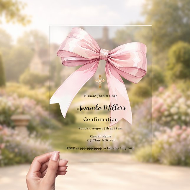 Invitations En Acrylique Fille à l'arc rose clair Confirmation (Créateur téléchargé)