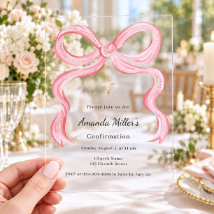 Invitations En Acrylique Fille à l'arc rose clair confirmation de luxe