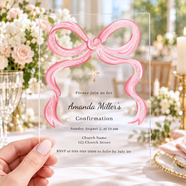 Invitations En Acrylique Fille à l'arc rose clair confirmation de luxe (Créateur téléchargé)