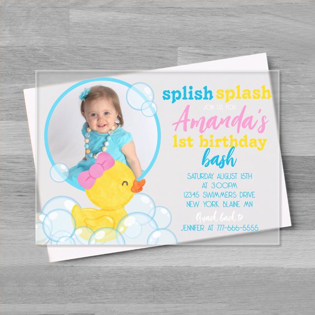 Invitations En Acrylique Fille Aquarelle Caoutchouc Photo Anniversaire (Splish Splash Girl Watercolor Rubber Duck 1 Photo Birthday Invitation)