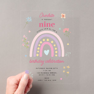 Invitations En Acrylique Fille Arc-en-ciel Pastel Fleurs Sauvages Cœurs Ann