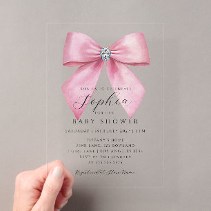 Invitations En Acrylique Fille au noeud rose Baby Shower 