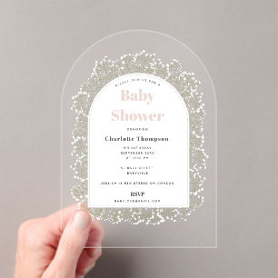 Invitations En Acrylique Fille au souffle de bébé Rose Gypsophile Baby Show