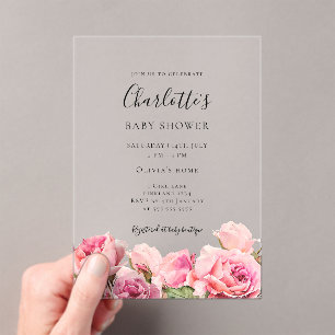 Invitations En Acrylique Fille Baby Shower Rose Rose 