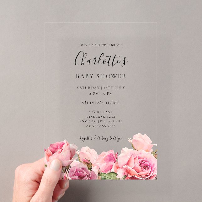 Invitations En Acrylique Fille Baby Shower Rose Rose  (In situ (ordinateur de poche))