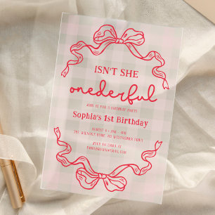 Invitations En Acrylique Fille Bébé Arc-en-ciel Rouge et Rose 1er Anniversa