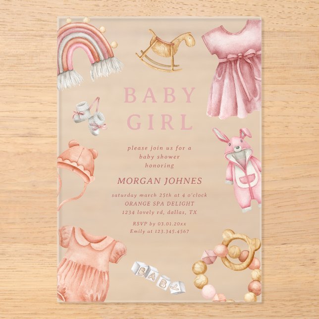 Invitations En Acrylique Fille Boho Baby shower de la crèche (Recto)