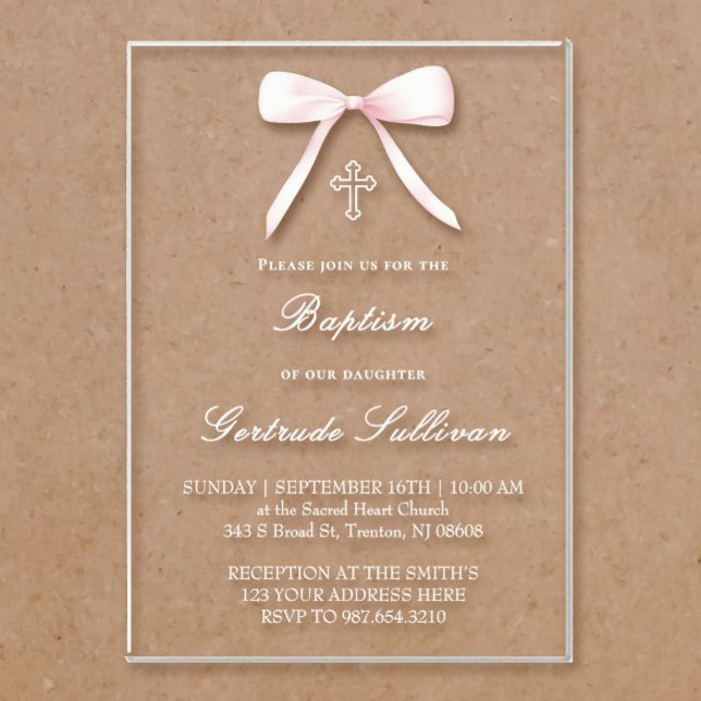 Invitations En Acrylique fille de baptême ruban rose (Créateur téléchargé)