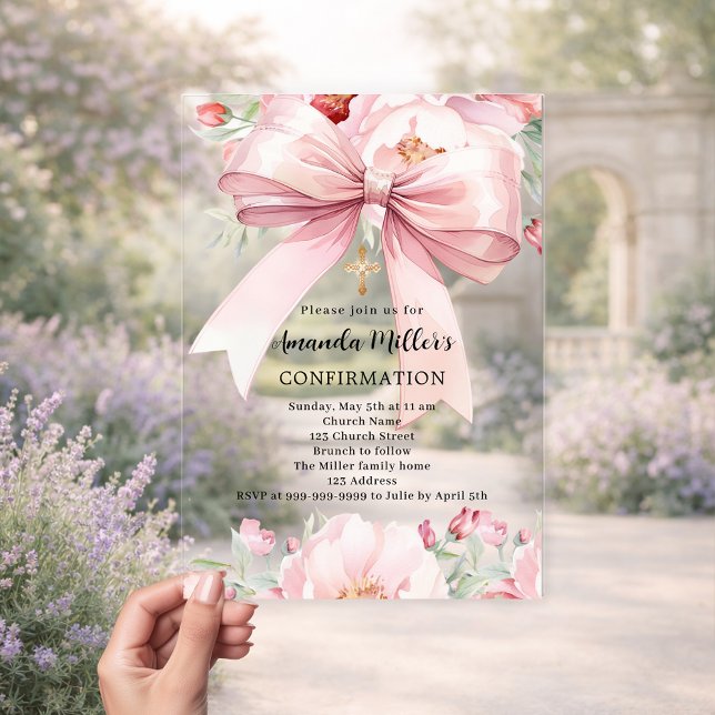 Invitations En Acrylique Fille de fleurs à ruban rose clair Confirmation (Créateur téléchargé)