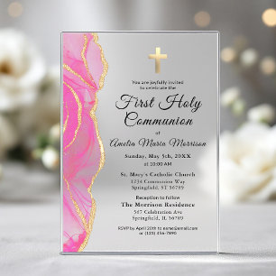 Invitations En Acrylique Fille de la Première Sainte Communion en Agate Or 