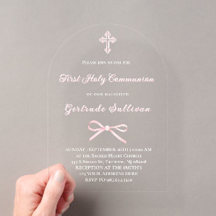 Invitations En Acrylique Fille de première communion avec un nœud rose