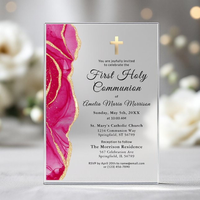 Invitations En Acrylique Fille de première communion en agate or rose (Créateur téléchargé)