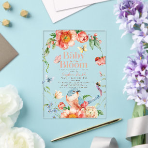 Invitations En Acrylique Fille fleurie Baby Shower Fleur sauvage et oiseau