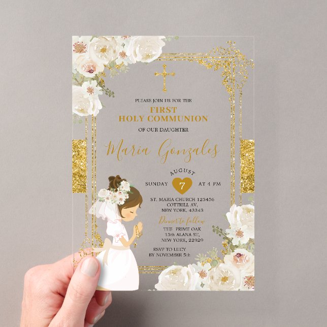Invitations En Acrylique Fille Fleurs Blanches Dorées Première Sainte Commu (In situ (ordinateur de poche))