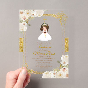 Invitations En Acrylique Fille Fleurs Blanches Or Première Sainte-Communion