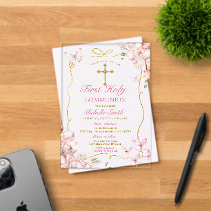 Invitations En Acrylique Fille Fleurs Roses Papillon Première Sainte Commun