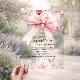Invitations En Acrylique Fille fleurs ruban rose Première Communion clair