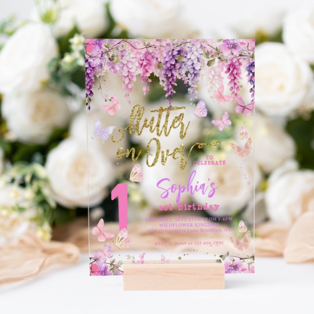 Invitations En Acrylique Fille Floral Wisteria Gold Butterfly Anniversaire  (Créateur téléchargé)