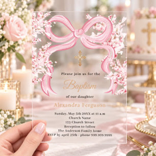 Invitations En Acrylique Fille florales à ruban rose clair Baptême