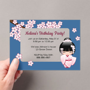 Invitations En Acrylique Fille Kokeshi Rose Fenêtre Transparente Anniversai
