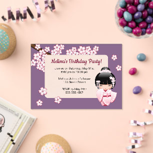 Invitations En Acrylique Fille Kokeshi Rose Fenêtre Transparente Violet