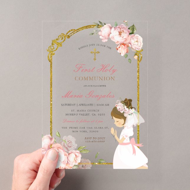 Invitations En Acrylique Fille priant Première Sainte Communion cheveux bou (In situ (ordinateur de poche))
